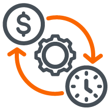 Graphic illustrating how money is converted into time through a central operational process, symbolized by a gear.