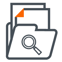 Icon of a file folder with documents and a magnifying glass, symbolizing search or document retrieval.