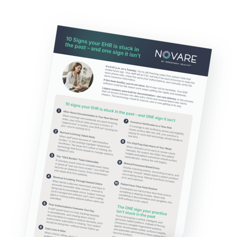 A tablet displaying an article titled '10 Signs your EHR is stuck in the past - and one sign it isn't' by Novare, featuring a doctor working on a computer.