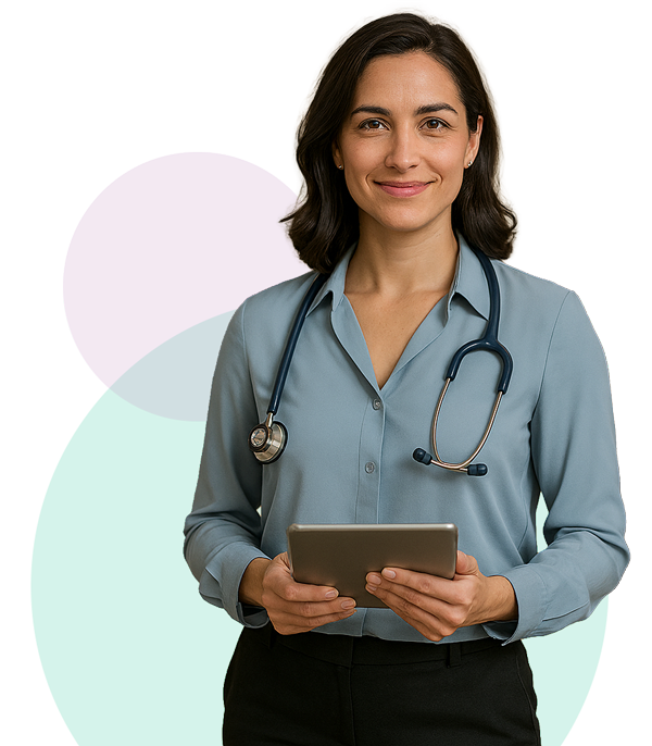 A smiling female medical professional wearing a stethoscope and holding a tablet.