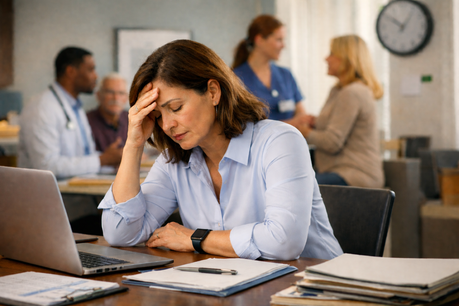A distressed woman sits at a desk with a laptop, holding her head with her hand, in what appears to be a busy medical office.