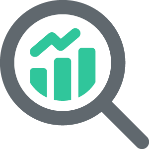 Magnifying glass icon over a bar chart with an upward trend line, symbolizing data analysis.