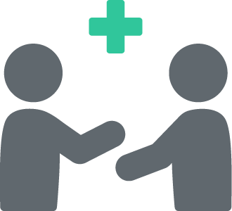 Two stylized figures facing each other with a green plus sign above, symbolizing collaboration or partnership.