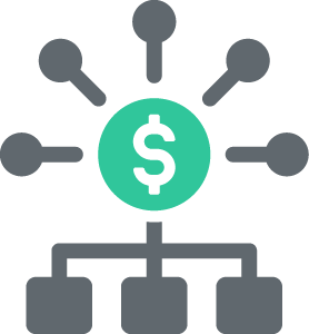 An icon depicting a central dollar sign distributing funds or investments to multiple connected entities.