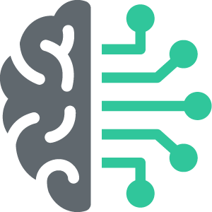 Icon representing artificial intelligence, with a brain on one side and a circuit board on the other.