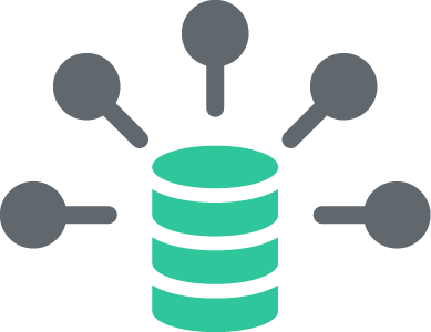 Icon of a teal database cylinder with multiple grey connections, representing data flow or a central hub.