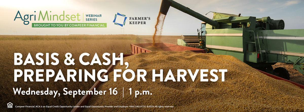 AgriMindset webinar banner showing a combine unloading soybeans, titled “Basis & Cash, Preparing for Harvest” on Wednesday, September 16 at 1 p.m.