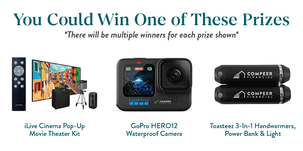 Promotion graphic announces chances to win an iLive movie theater kit, GoPro HERO12 camera, or hand warmers.