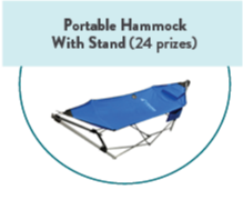 A blue portable hammock with its stand.