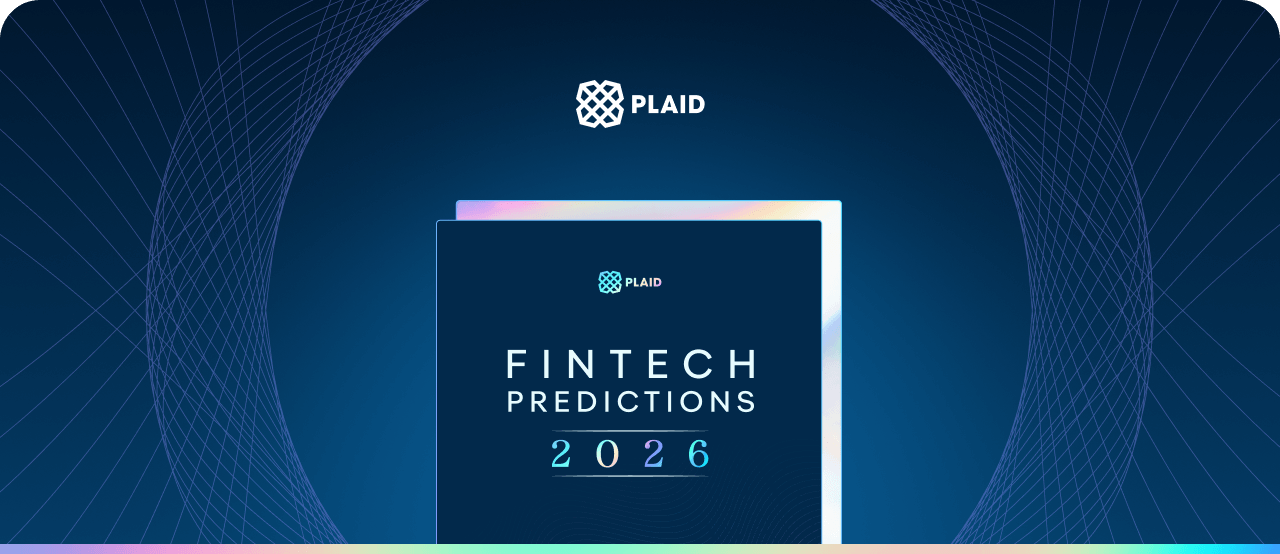Plaid's 'Fintech Predictions 2026' report cover, featuring the logo and title on a dark blue background with abstract lines.