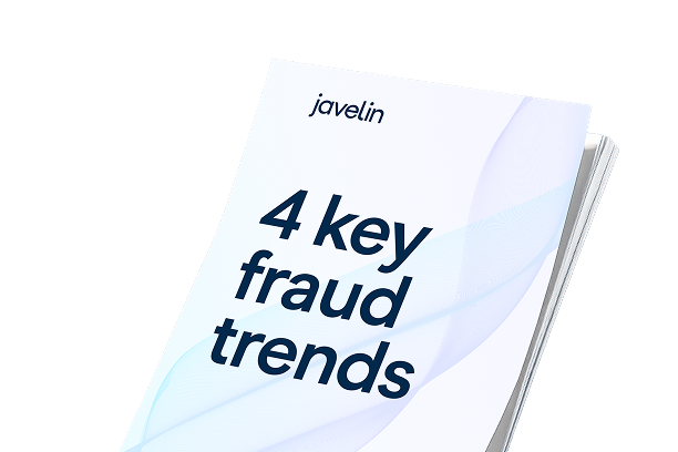 Javelin report cover titled “4 key fraud trends,” with pale blue flowing wave graphics and layered pages.