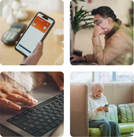 A collage of four images showing people using technology: a hand holding a smartphone with a payment app, a man working on a laptop, hands typing on a laptop keyboard, and a woman using her phone on a sofa.