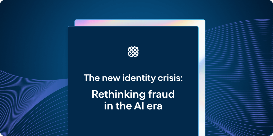 Promotional graphic for Plaid's whitepaper with white text 'The new identity crisis: Rethinking fraud in the AI era' and a white logo on a dark blue card.