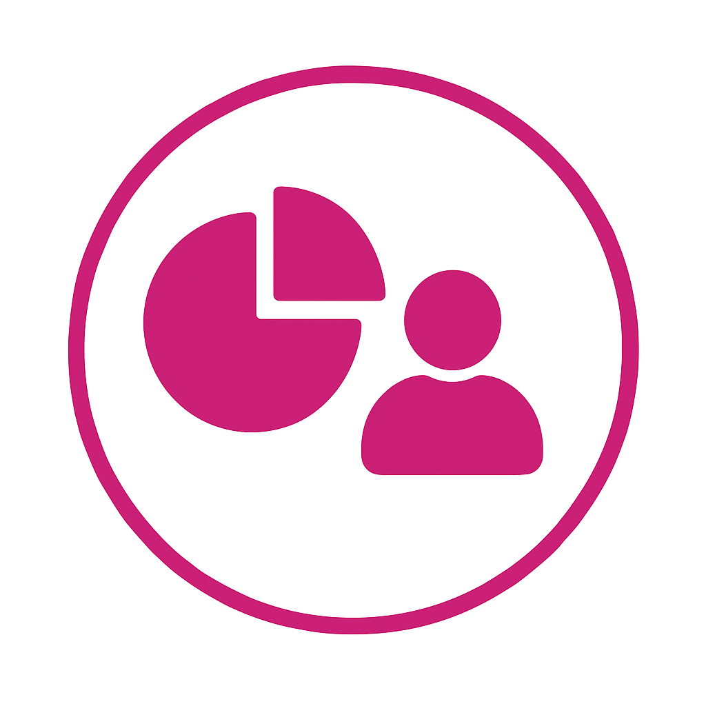 Pink icon depicting a pie chart and a person within a circle.