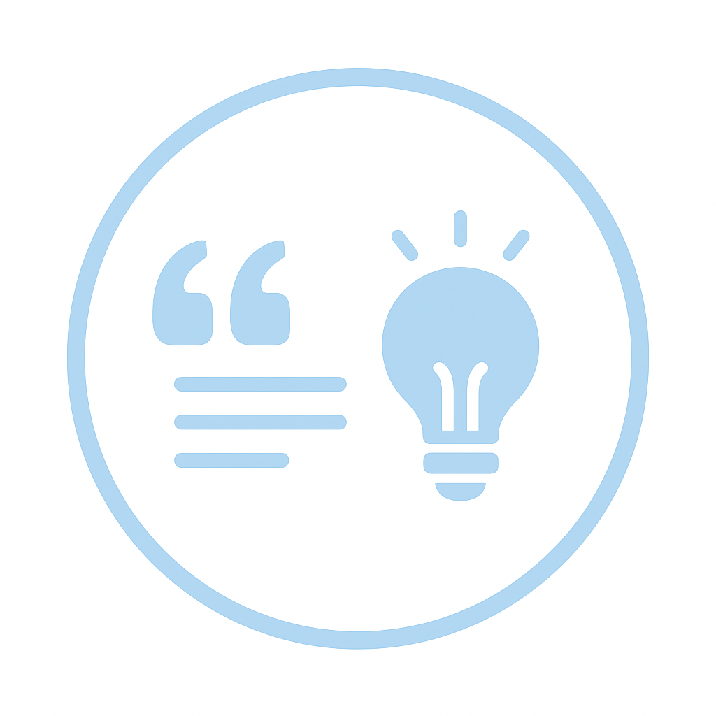 Light blue icon of a quotation mark, three lines of text, and a lightbulb, all within a circle, representing ideas or insights.