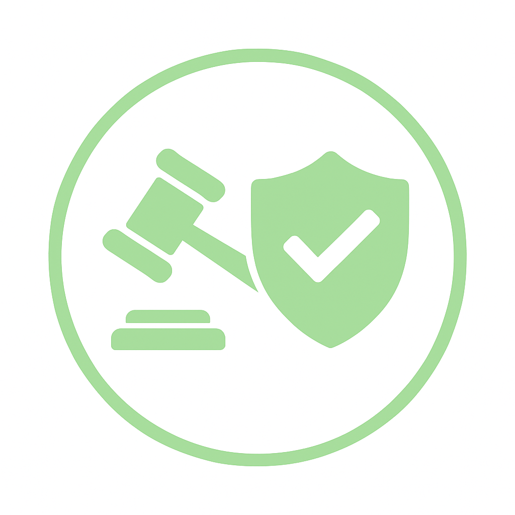 Icon depicting a gavel and a shield with a checkmark, symbolizing legal protection or compliance.