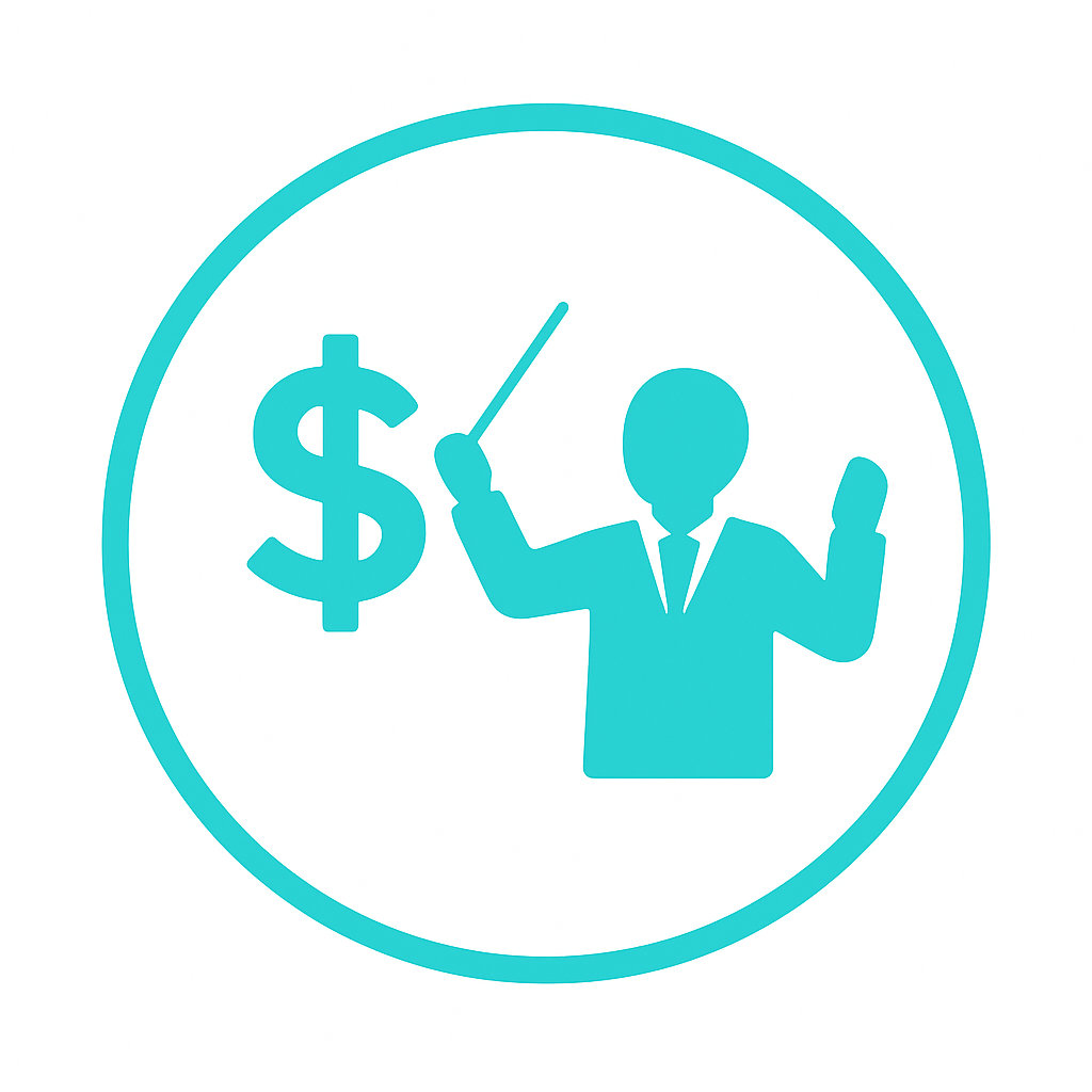 Teal icon of a person in a suit pointing to a dollar sign within a circle.