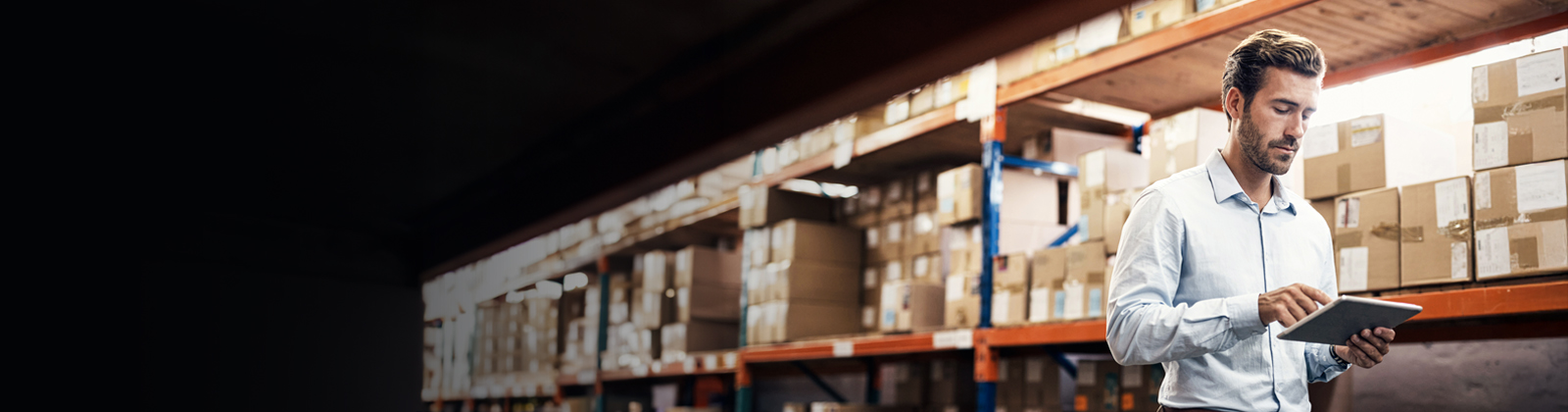 Man looking at his iPad in a warehouse