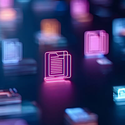 Glowing pink document icon stands out among blurred blue and purple file symbols in a futuristic digital interface.
