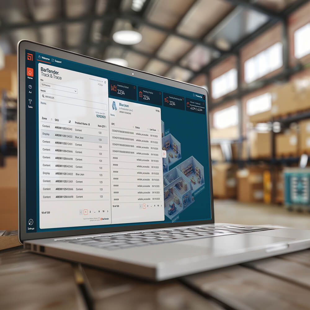 Track & Trace dashboard on the screen of a laptop in a warehouse