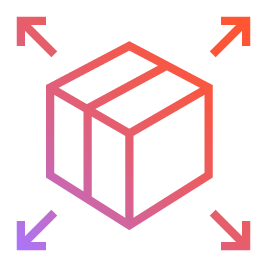 Gradient line icon of an open box with arrows pointing outward from opposite corners.
