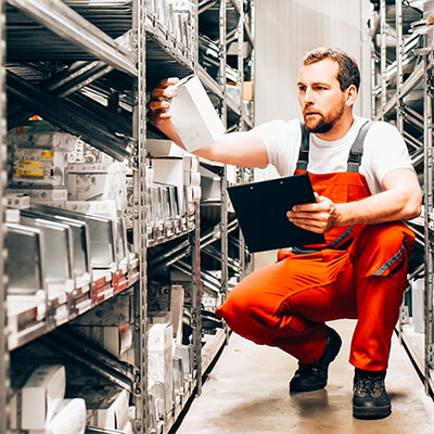 A man in orange overalls and a white t-shirt crouches in a warehouse aisle, checking inventory on a shelf while holding a clipboard.