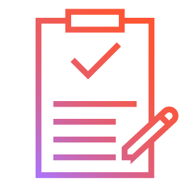 Gradient icon of a checked document with three lines of text and a pencil.