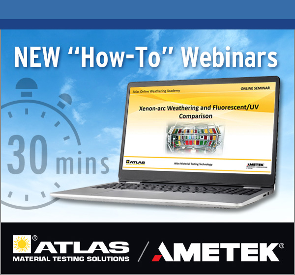 Laptop displaying an online seminar by Atlas and Ametek on Xenon-arc Weathering and Fluorescent/UV Comparison. A timer indicates the webinar's short 30-minute duration.