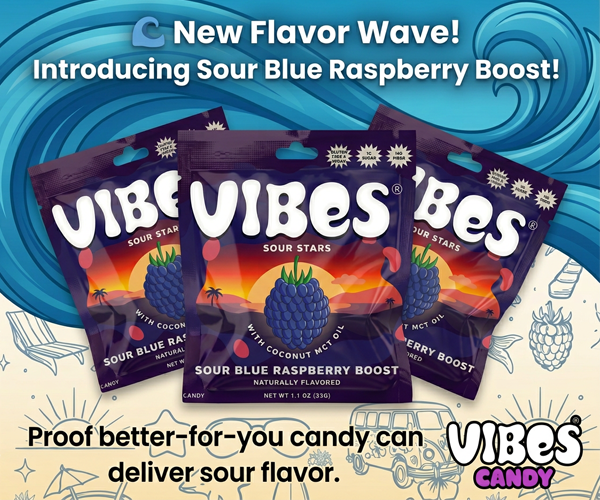 Advertisement for Vibes Sour Blue Raspberry Boost candy, showing three pouches with a blue raspberry design, a surfer on a wave, and text announcing the new flavor.