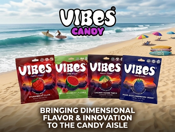 Four colorful Vibes Candy bags (strawberry, watermelon, cherry, blueberry) displayed on a sandy beach with surfers in the ocean and beach umbrellas in the background. Text reads: 'Bringing Dimensional Flavor & Innovation to the Candy Aisle'.