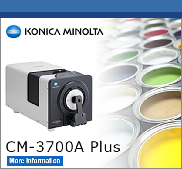 Konica Minolta CM-3700A Plus spectrophotometer with paint samples.