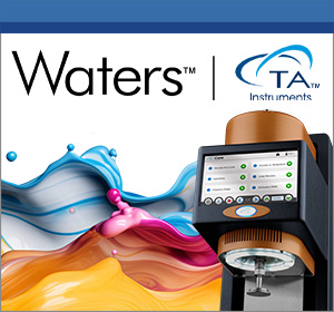 A TA Instruments analyzer next to the Waters and TA Instruments logos with an abstract colorful background.