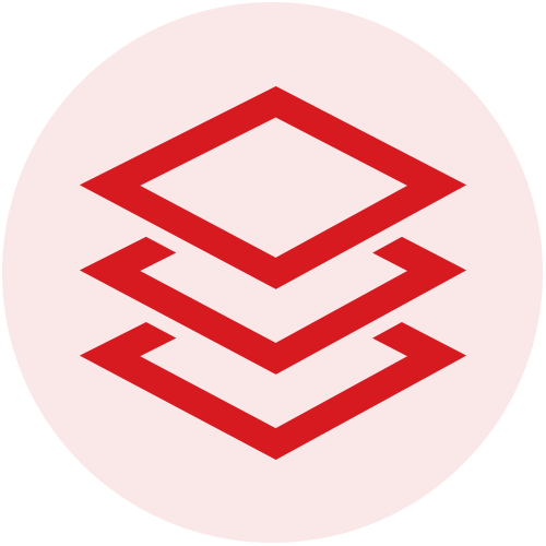 Icon featuring three layered, red, angular shapes on a dark background.