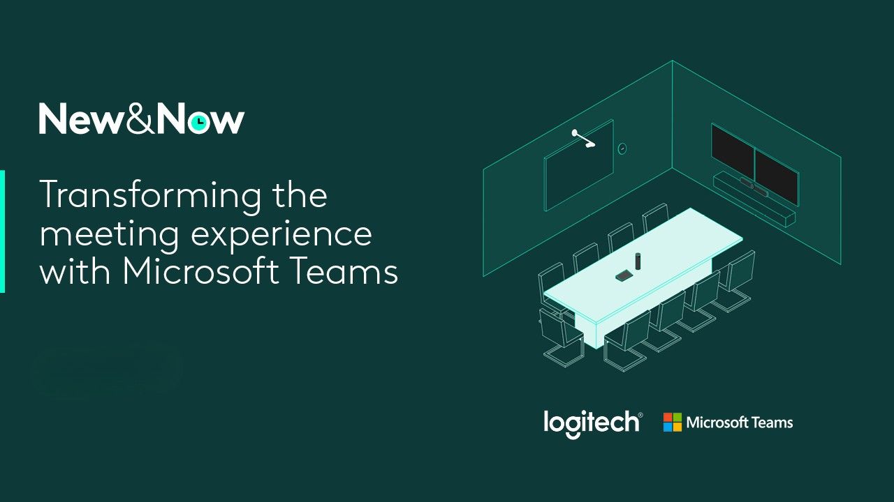 Logitech and Microsoft Teams graphic promoting a transformed meeting experience with a connected conference room.