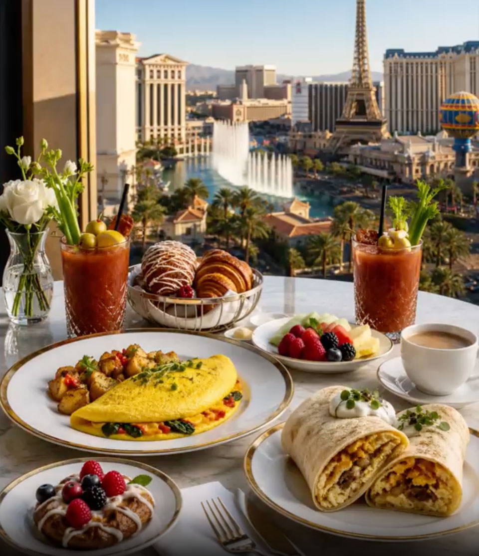 A lavish breakfast spread with an omelet, breakfast burritos, pastries, and Bloody Marys, set on a table overlooking the iconic Las Vegas Strip with the Eiffel Tower and Bellagio fountains.