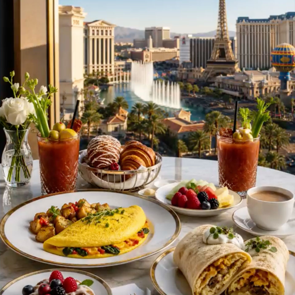 A lavish breakfast spread with an omelet, breakfast burritos, pastries, and Bloody Marys, set on a table overlooking the iconic Las Vegas Strip with the Eiffel Tower and Bellagio fountains.