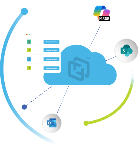 Illustration of CrashPlan with an image of file version management linking to icons of Microsoft SharePoint and Outlook.