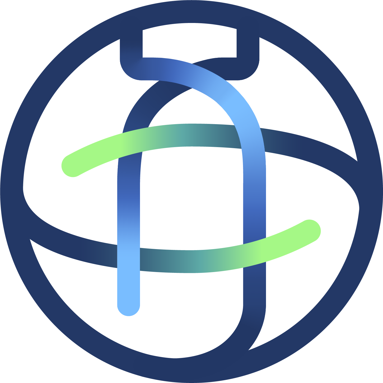 Stylized icon with a dark blue circular border and a gradient blue vertical shape crossed by a gradient green horizontal shape.